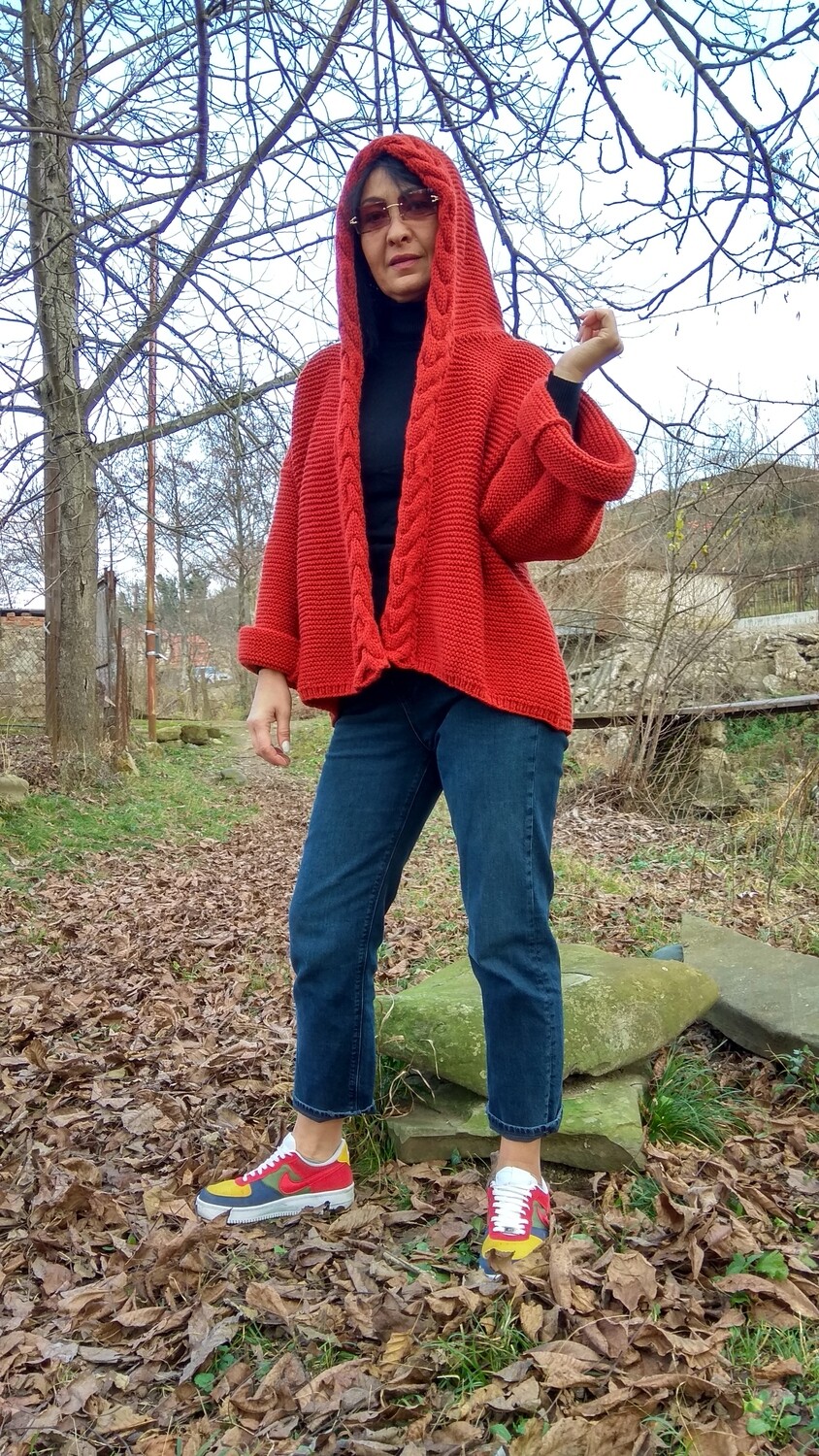 Maroon women hand knitted knit wool cardigan sweater jacket