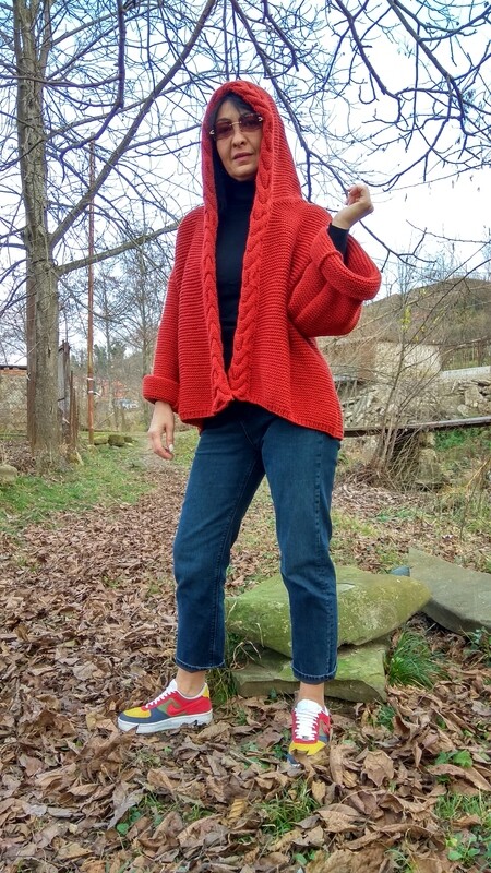 Maroon women hand knitted knit wool cardigan sweater jacket