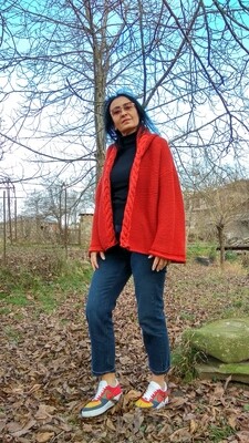 Maroon women hand knitted knit wool cardigan sweater jacket