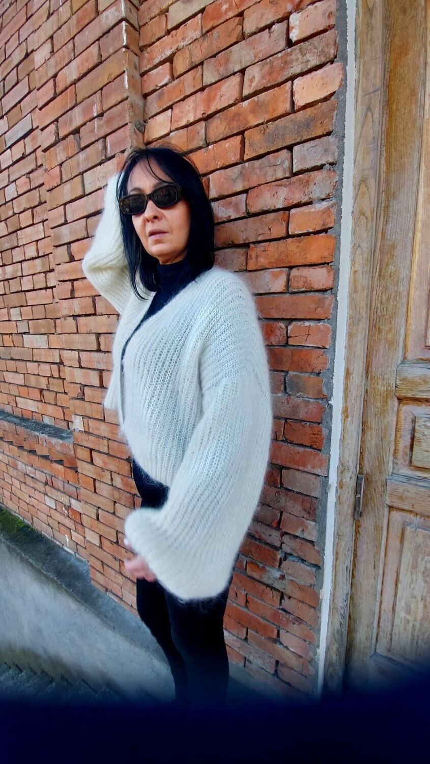 Airy Mohair Bomber women hand knit wool cardigan sweater jacket baloon sleeve open front