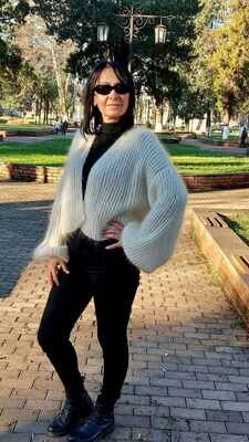 Airy Mohair Bomber women hand knit wool cardigan sweater jacket baloon sleeve open front