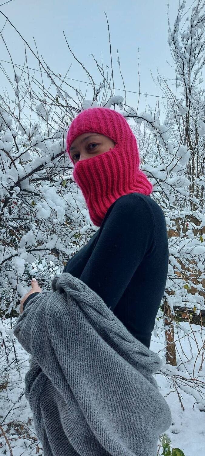 Pink hand knit knitted wool balaclava face mask winter hat handmade full face mask