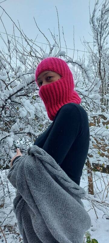 Pink hand knit knitted wool balaclava face mask winter hat handmade full face mask