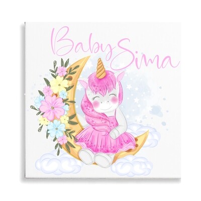 Pink Baby Unicorn on Moon Canvas