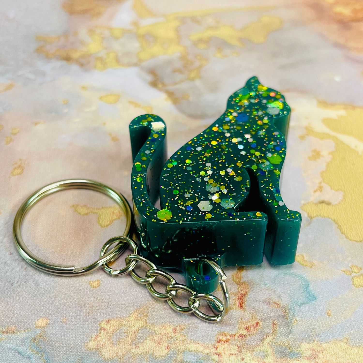 Cat Sparkling Green Keyring Gift