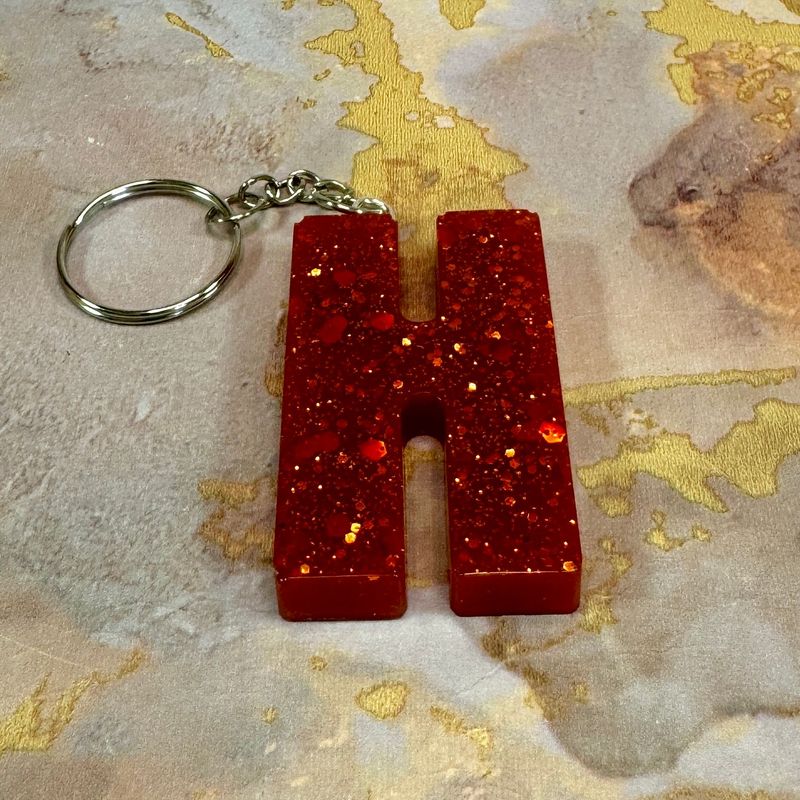 Letter M Resin Red Keyring Gift.