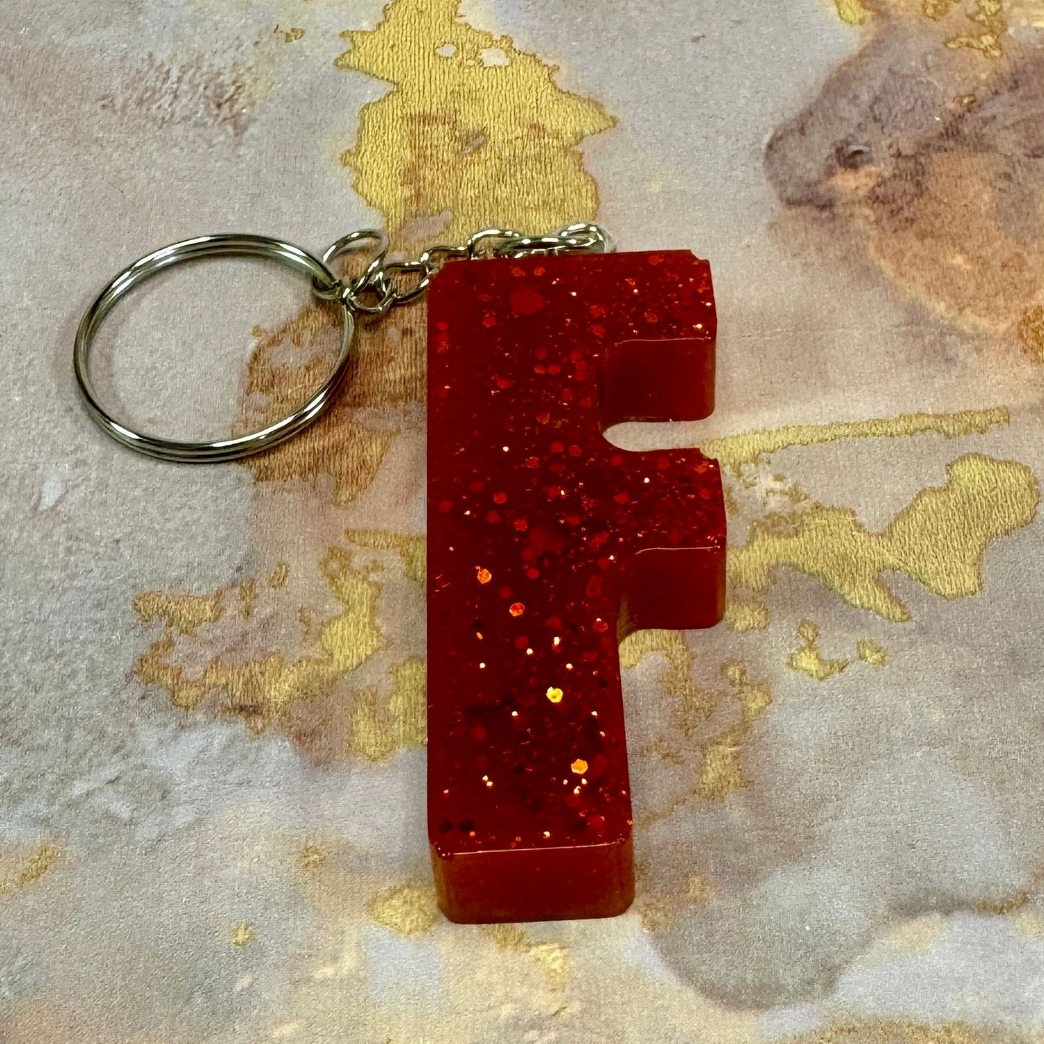Letter F Resin Red Keyring Gift.