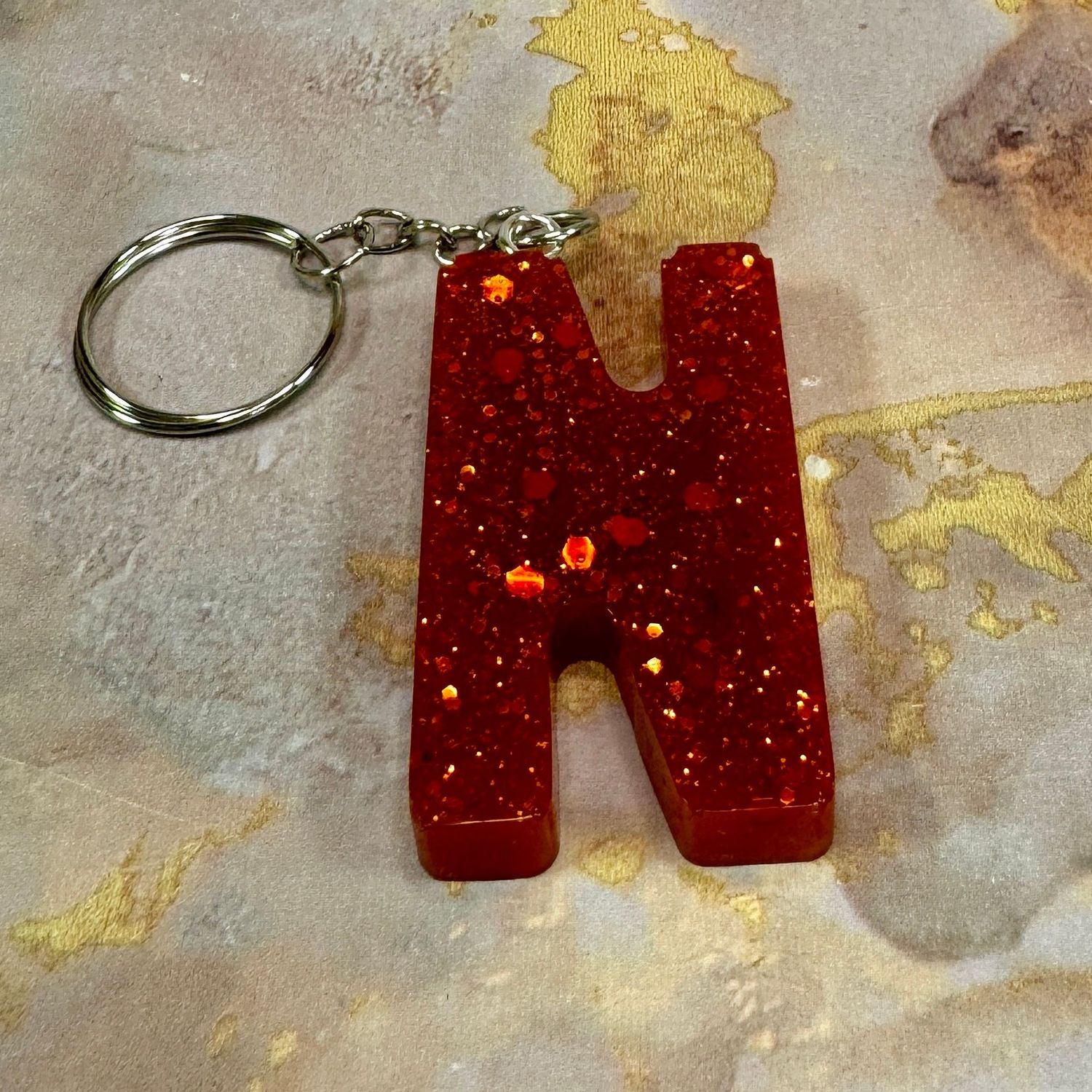 Letter N Resin Red Keyring Gift.