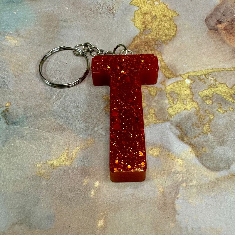 Letter T Resin Red Keyring Gift.