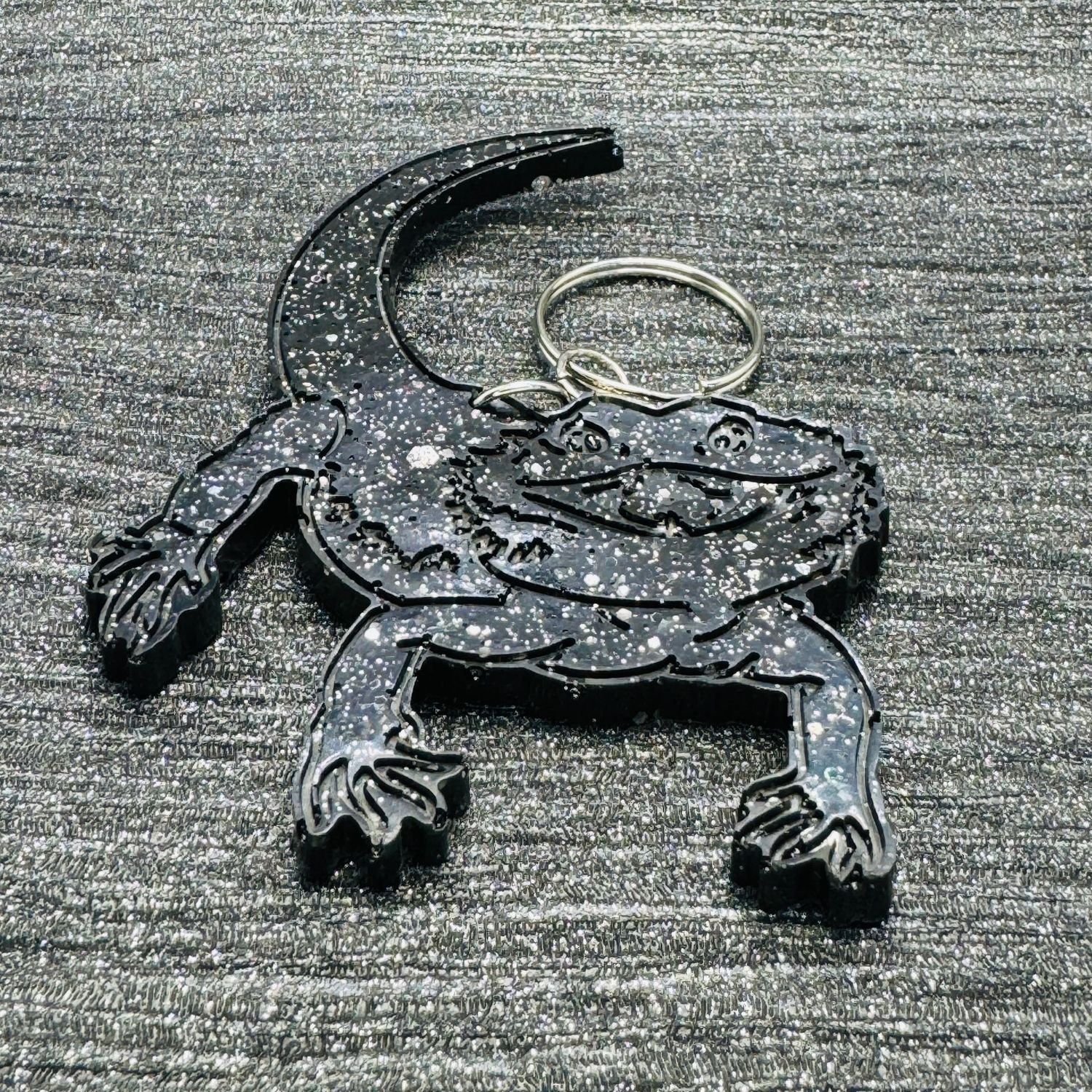 Bearded Dragon Lizard Black/Silver Glitter Keyring