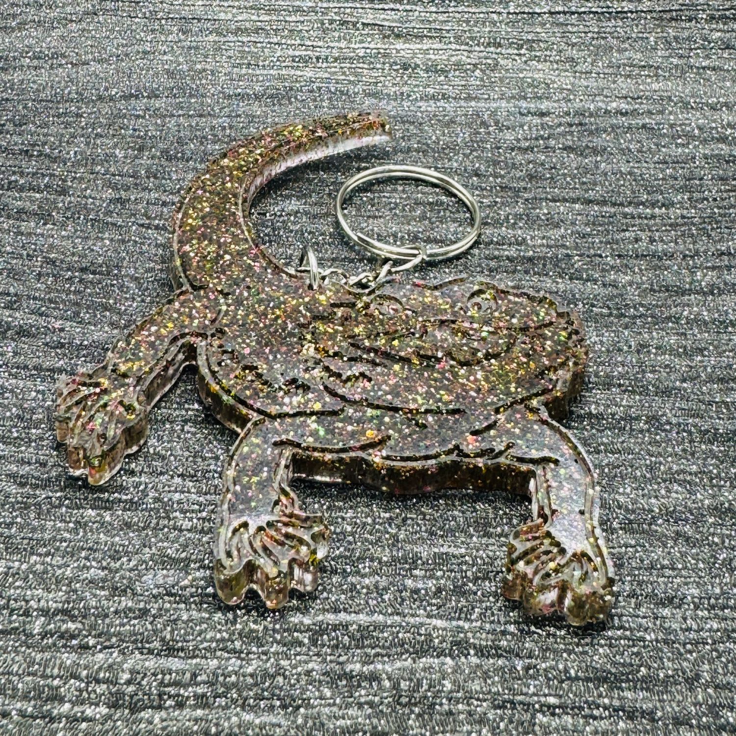 Bearded Dragon Lizard Clear/Multi Glitter Keyring