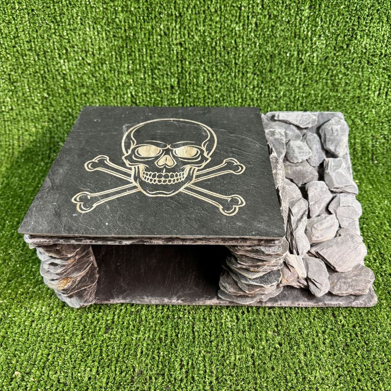 XL Laser Engraved Skull and Crossbones Reptile And Aquarium Slate Cave
