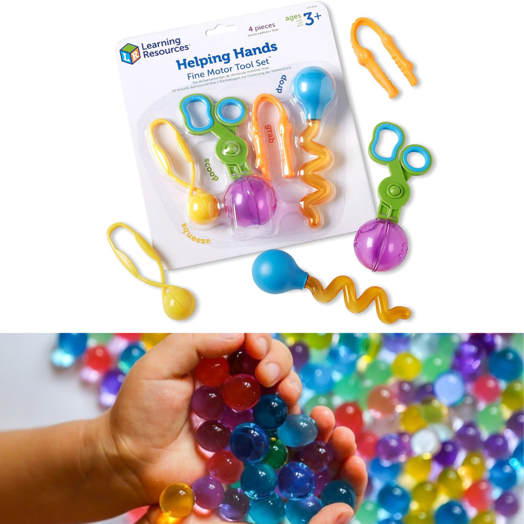 Kit de herramientas de motricidad fina + perlas de agua