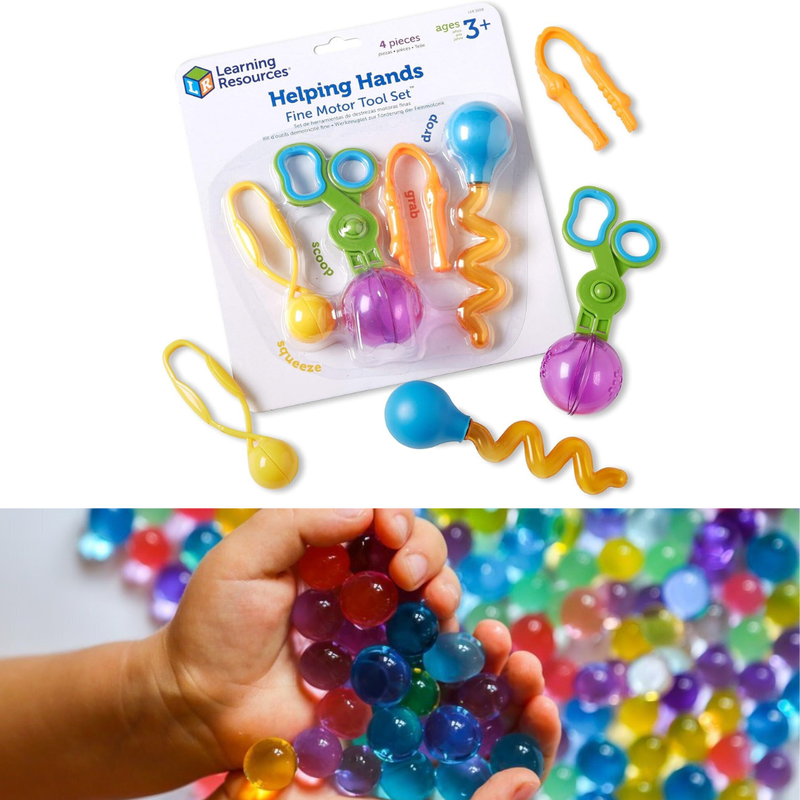 Kit de herramientas de motricidad fina + perlas de agua