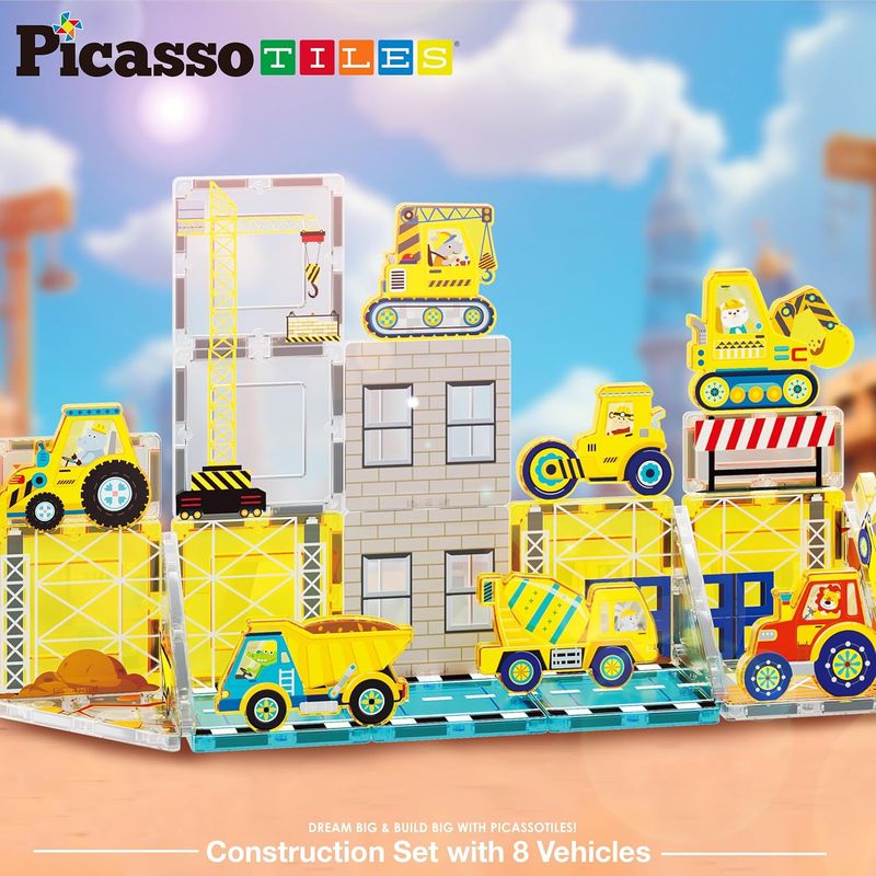Magnetic Tiles construction set with 8 vehicles