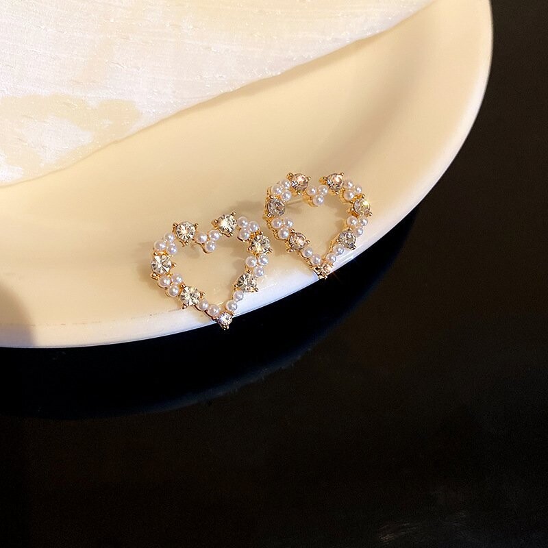 Gold Pearl Heart Stud Earrings