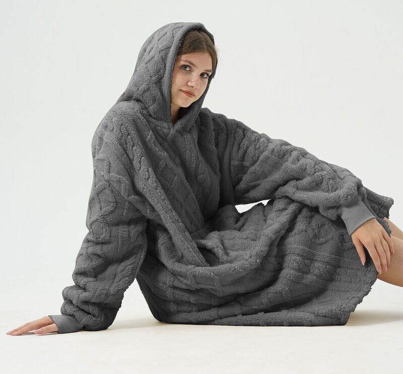 Oversized Hoodie & deken in één; extra grote kabeltrui 70 x 110 cm ANTRACIET Nu met GRATIS huissokken