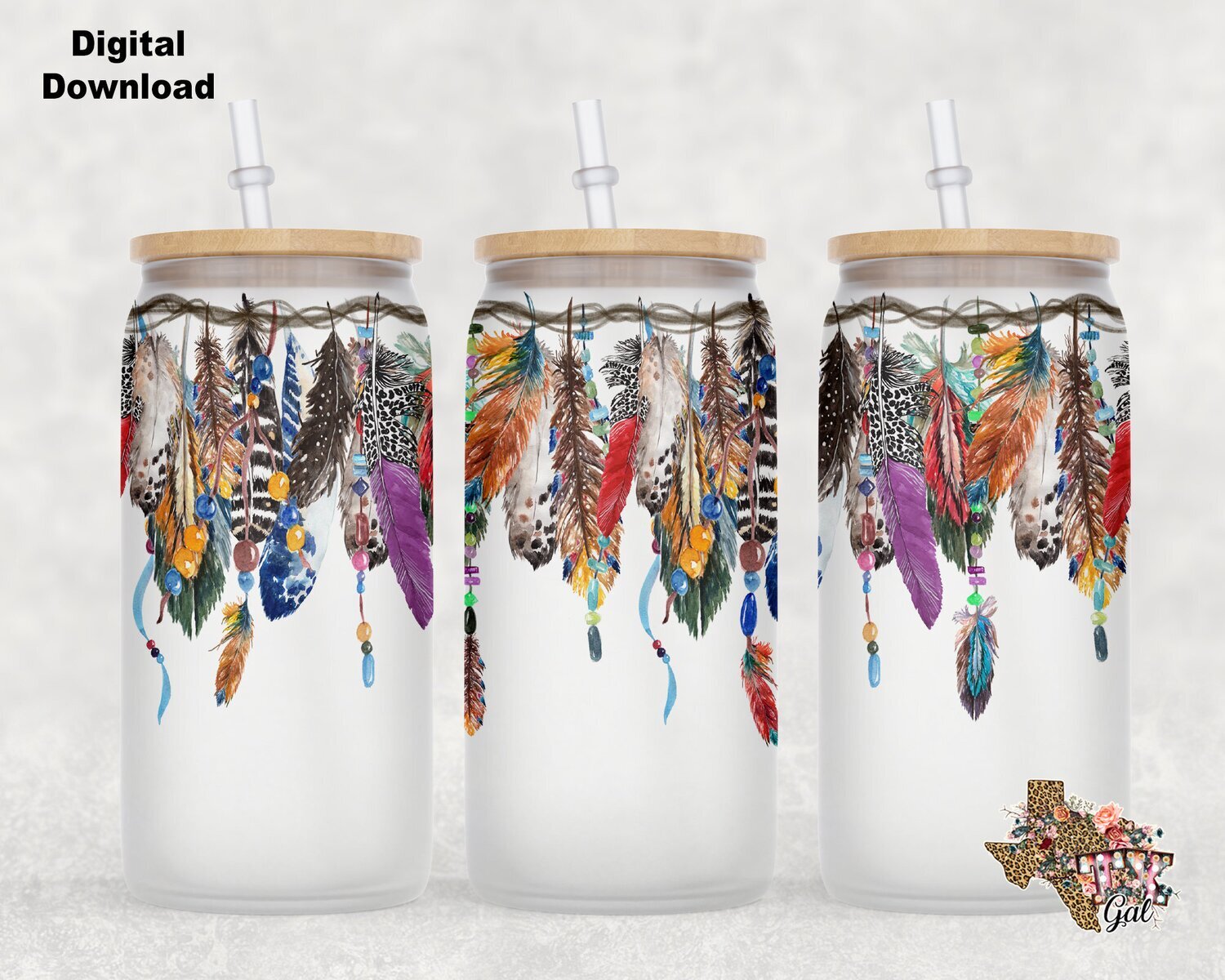 Glass Can Boho Feathers Sublimation Design PNG Instant DIGITAL ONLY
