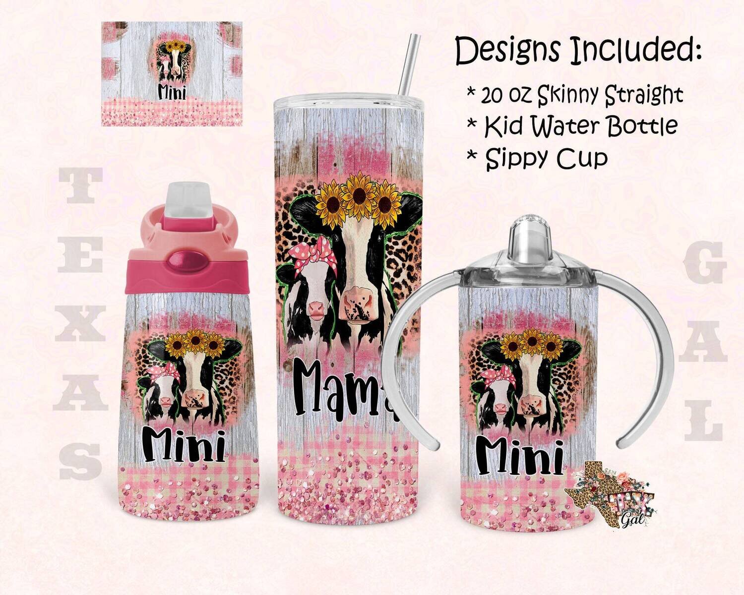 Cow, Mama and Mini, bundle, 20 oz skinny tumbler design, 12 oz kid water bottle, sippy cup, tumbler, sublimation, digital download, PNG