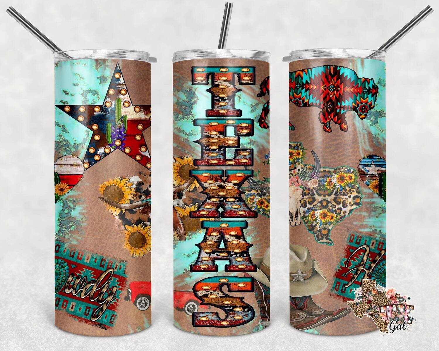 20 oz Skinny Tumbler Texas Leather Turquoise Seamless Sublimation Design PNG Instant DIGITAL ONLY