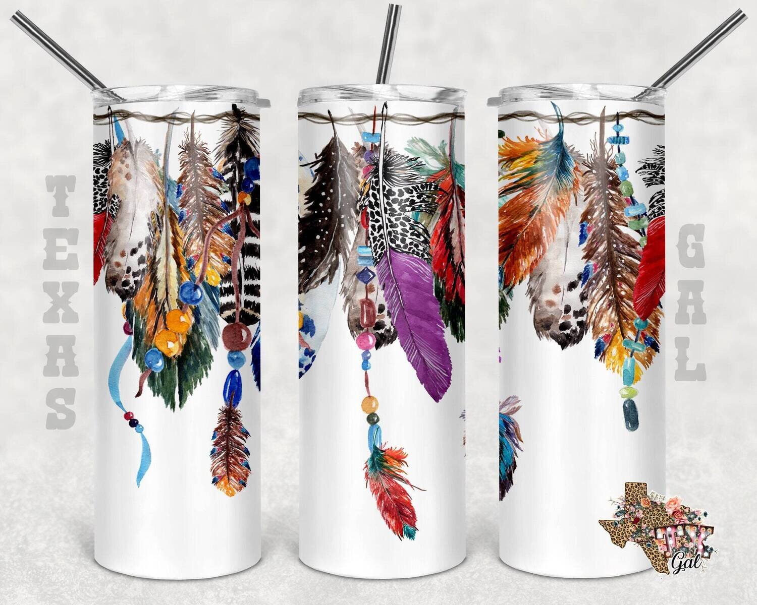 20 oz Skinny Tumbler Boho Feathers Seamless Sublimation Design PNG Instant DIGITAL ONLY