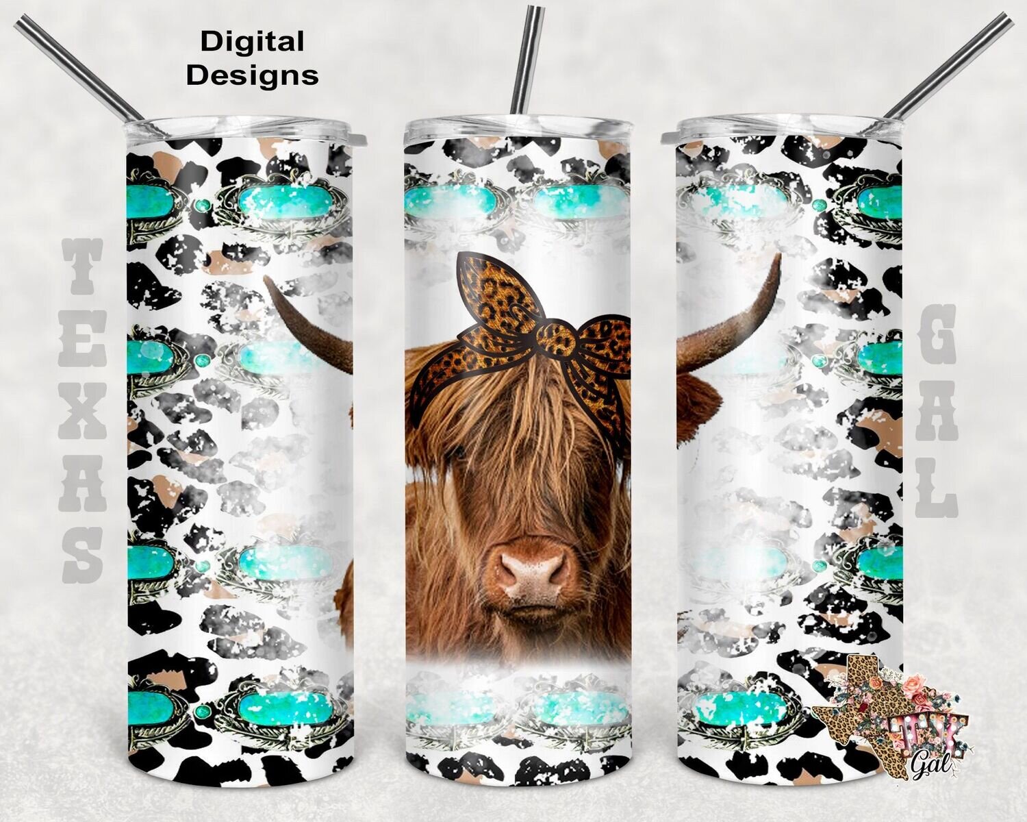 20 oz Skinny Tumbler Highland Cow Wood Turquoise Leopard Seamless Sublimation Design PNG Instant DIGITAL ONLY