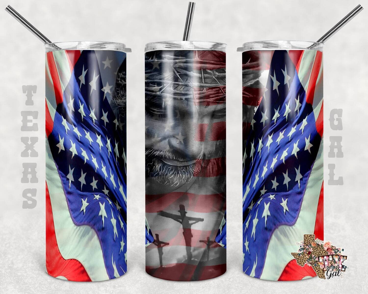 20 oz Skinny Tumbler Jesus United States Flag Free Editable Thank You And Cup Care Card Seamless Sublimation Design PNG Instant DIGITAL ONLY