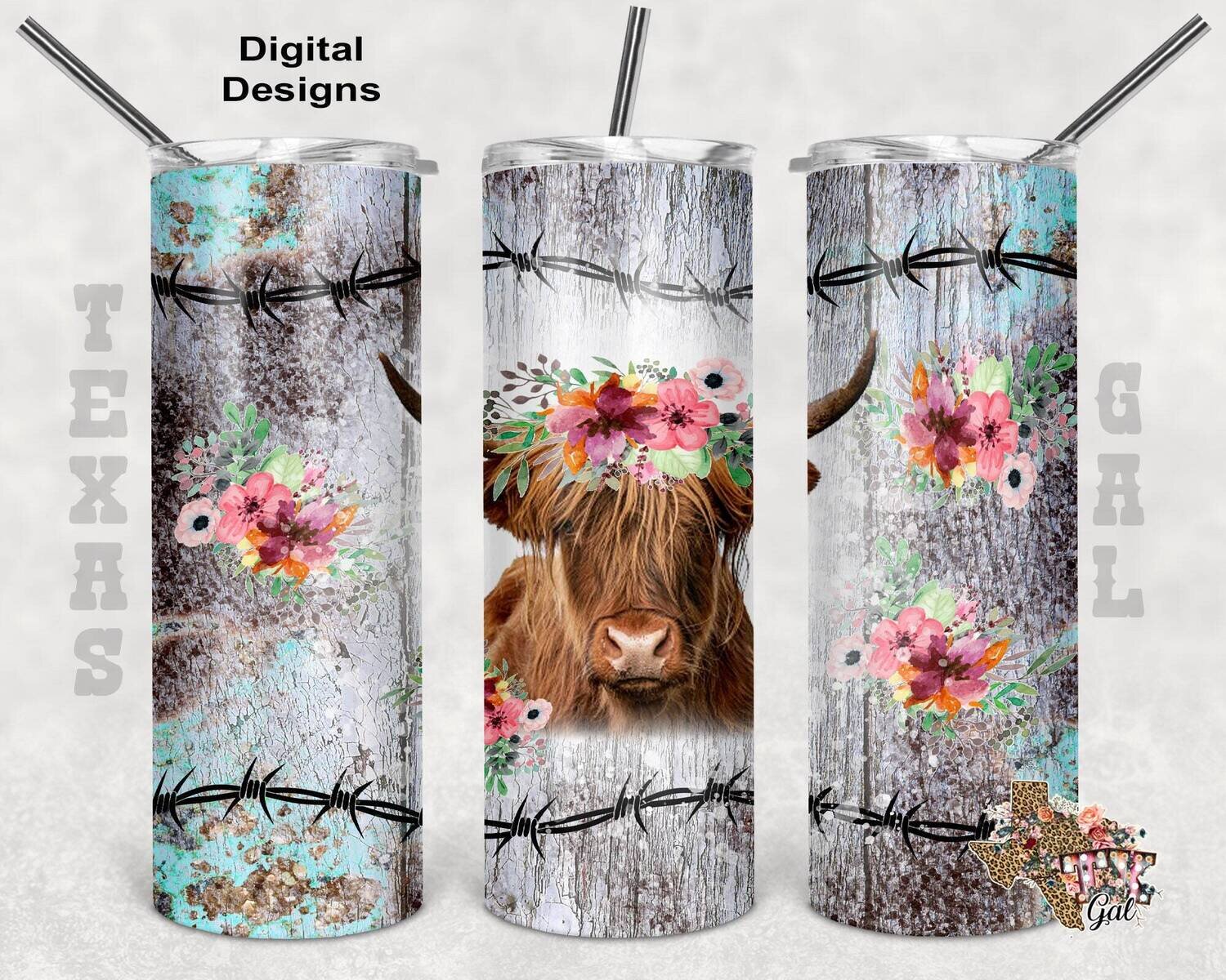 20 oz Skinny Tumbler Highland Cow Wood Turquoise Flowers Seamless Sublimation Design PNG Instant DIGITAL ONLY