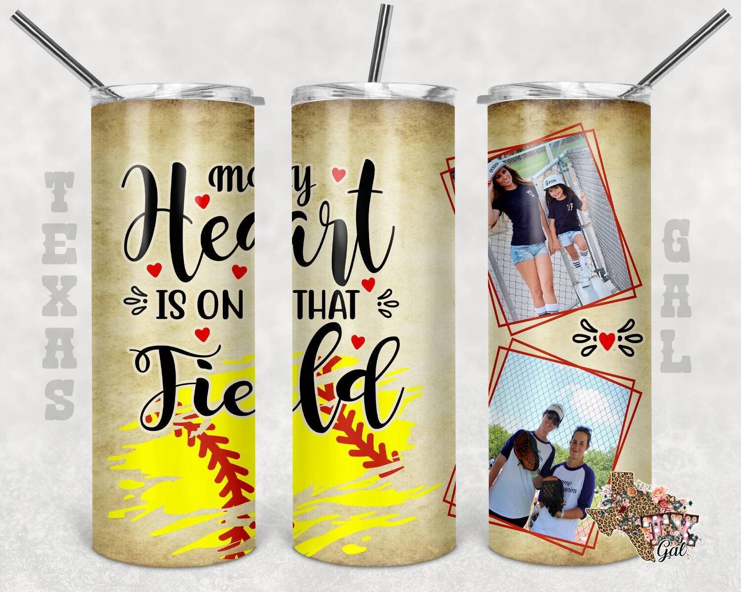 20 oz Skinny Tumbler Softball My Heart Is On That Field Picture Frame Sublimation Design PNG Instant DIGITAL ONLY