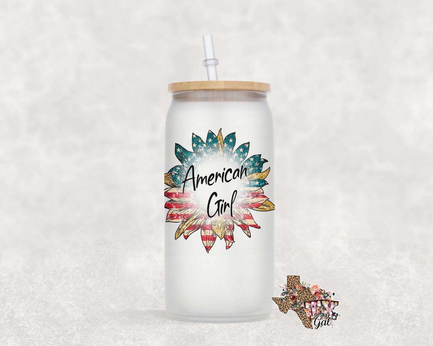 Glass Can American Girl Flag Sunflower Sublimation Design PNG Instant DIGITAL ONLY