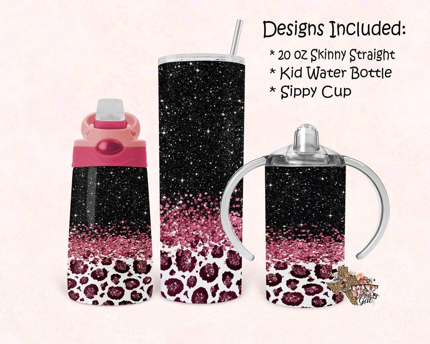 Pink leopard, Glitter, bundle, 20 oz skinny tumbler design, 12 oz kid water bottle, sippy cup, tumbler, sublimation, digital download, PNG