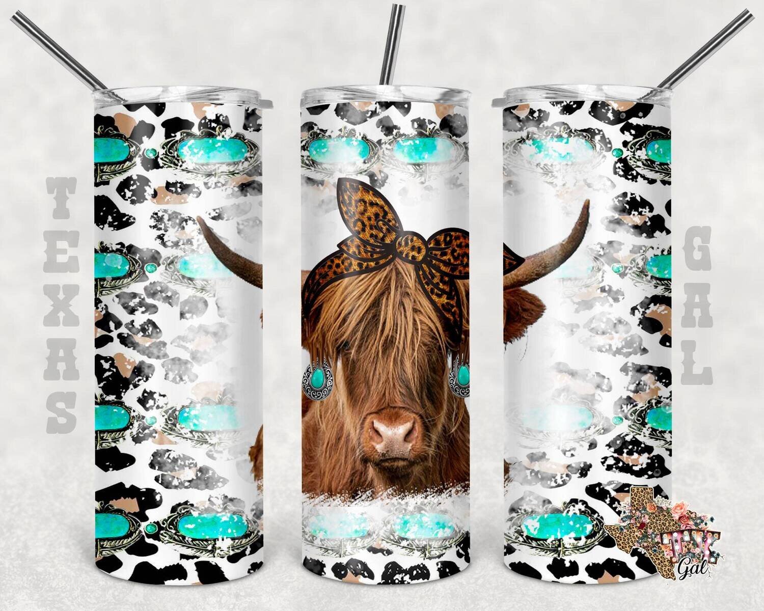 20 oz Skinny Tumbler Highland Cow Turquoise Seamless Sublimation Design PNG Instant DIGITAL ONLY