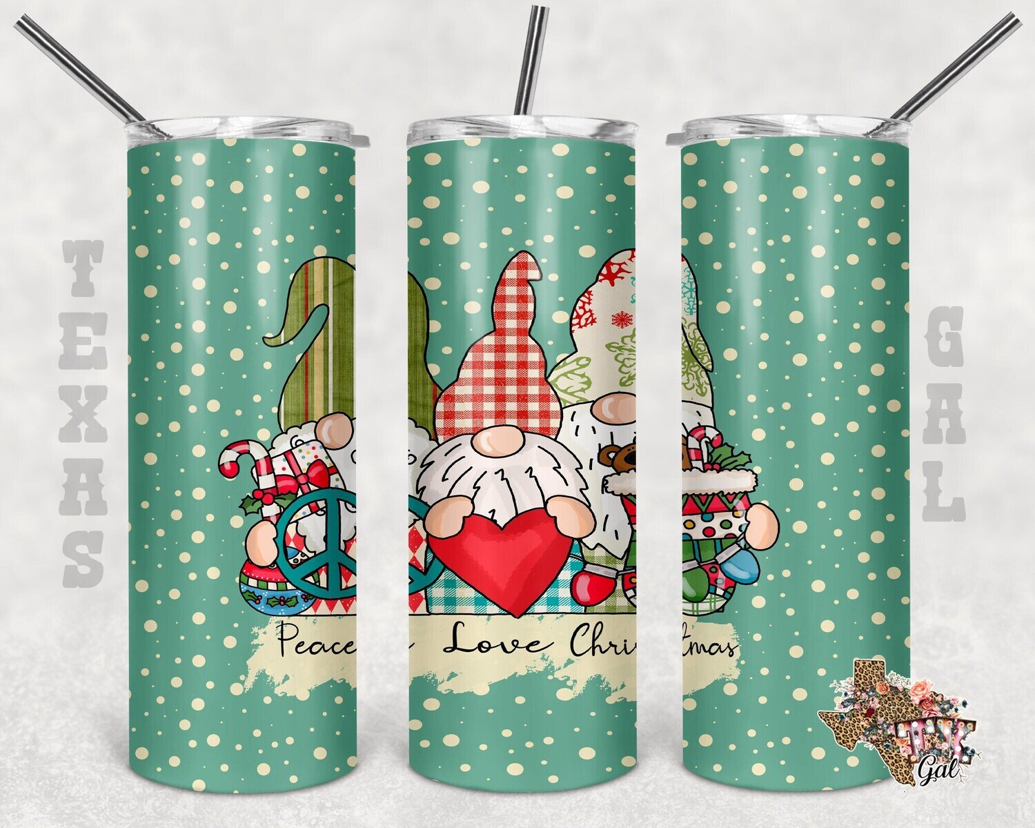 20 oz Skinny Tumbler Christmas Peace Love Christmas Gnomes Sublimation Design PNG Instant DIGITAL ONLY