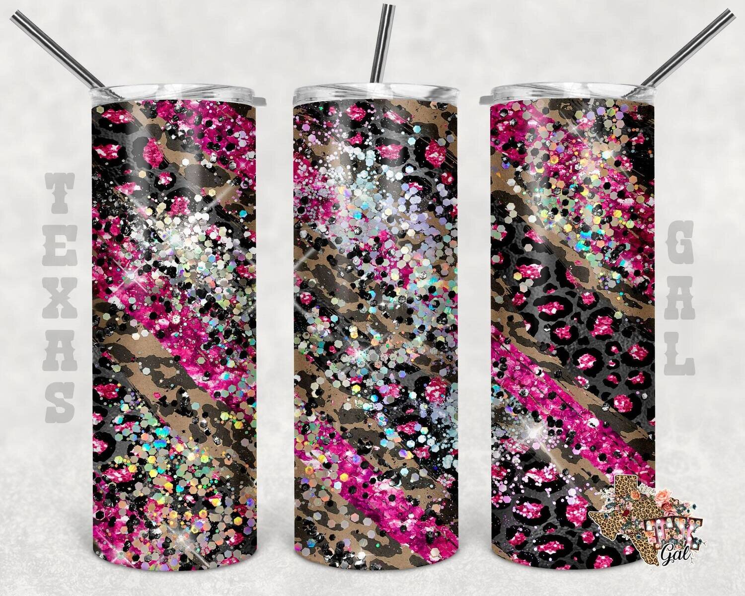 20 oz Skinny Tumbler Pink Glitter Leopard Milky Way Seamless Sublimation Design PNG Instant DIGITAL ONLY