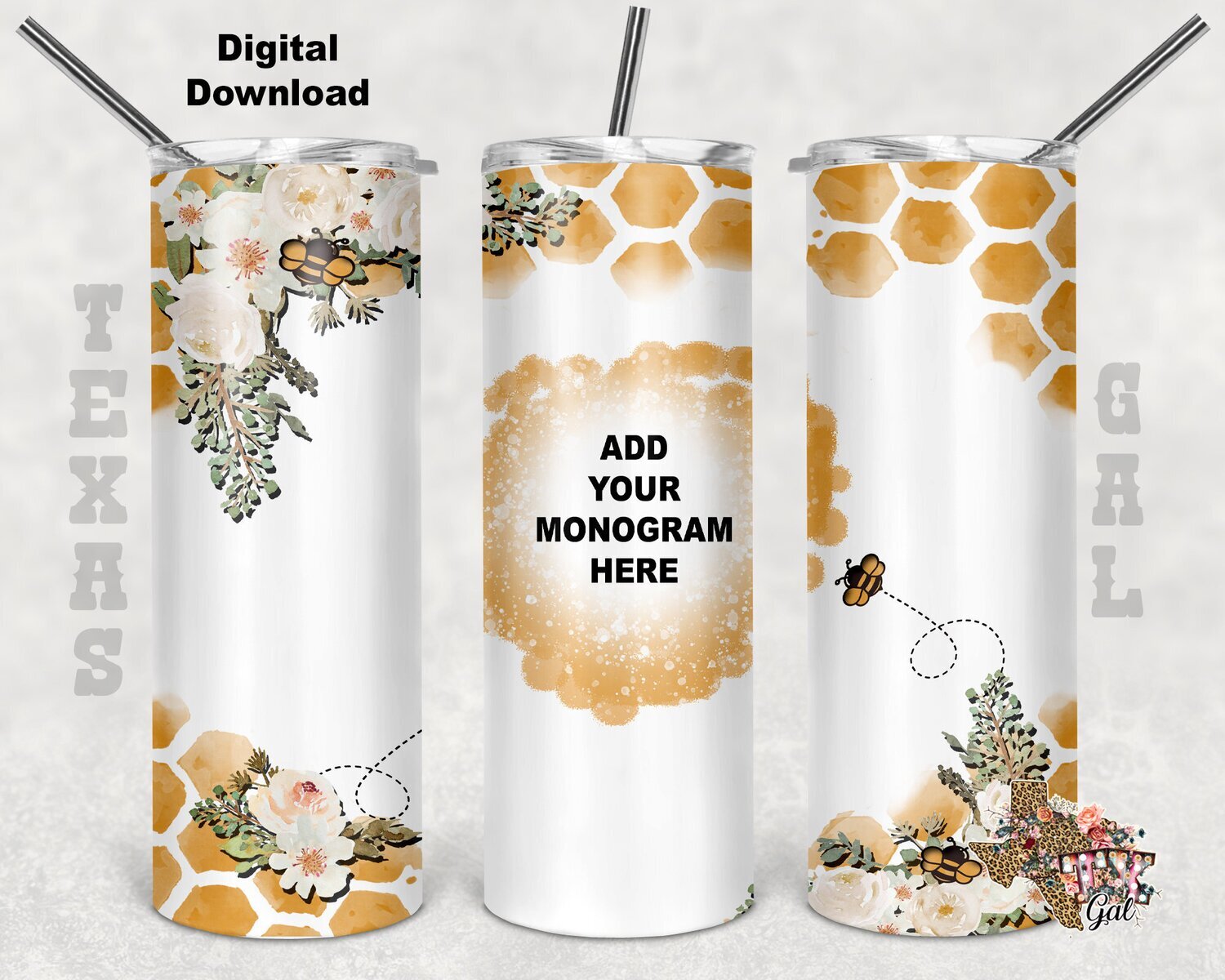 20 oz Skinny Tumbler Bee Floral Monogram Personalize Seamless Sublimation Design PNG Instant DIGITAL ONLY