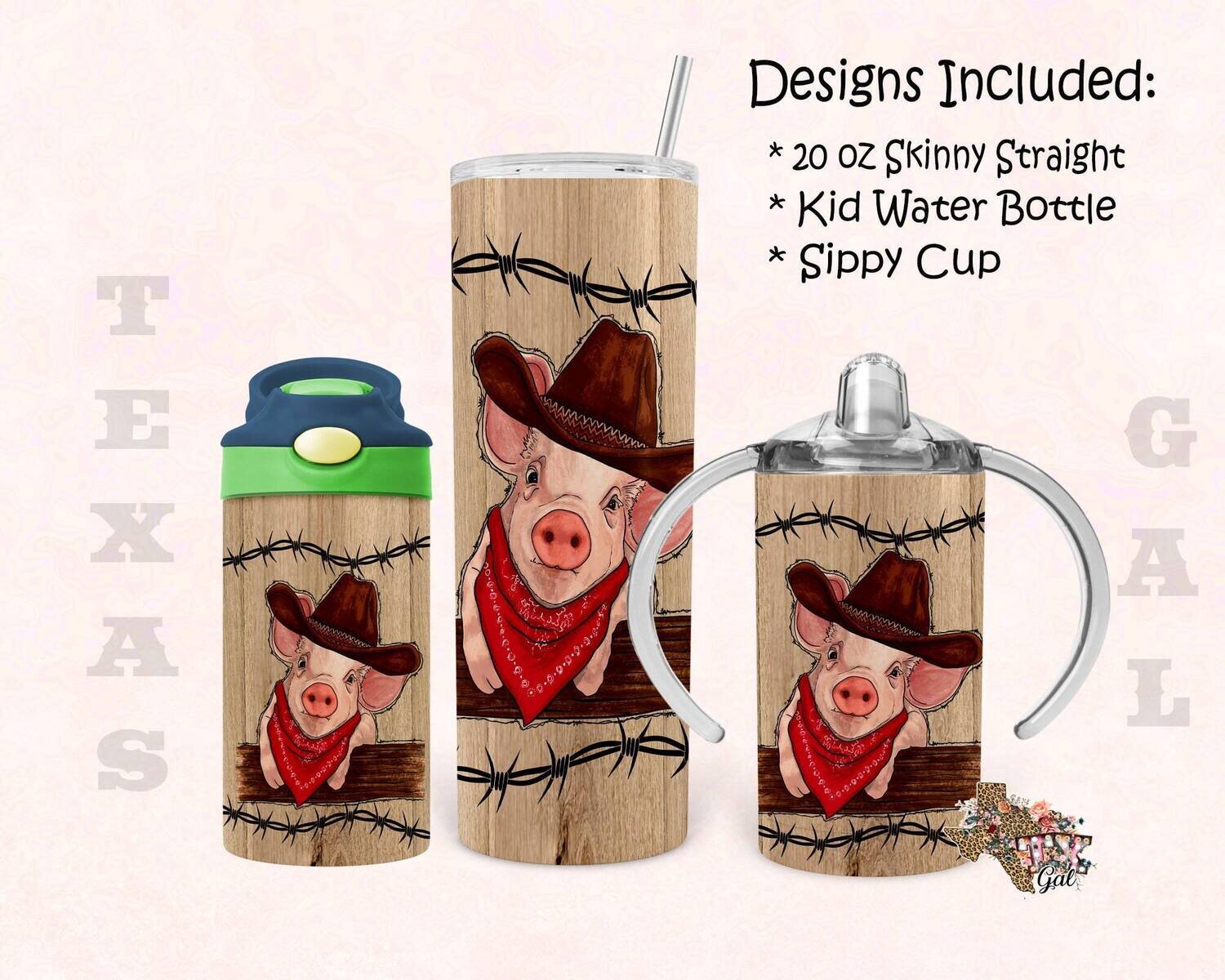Cowboy Pig Bundle  20 oz Skinny Tumbler 12 oz Kid Water Bottle Sippy Cup Tumbler Sublimation Digital Download, PNG