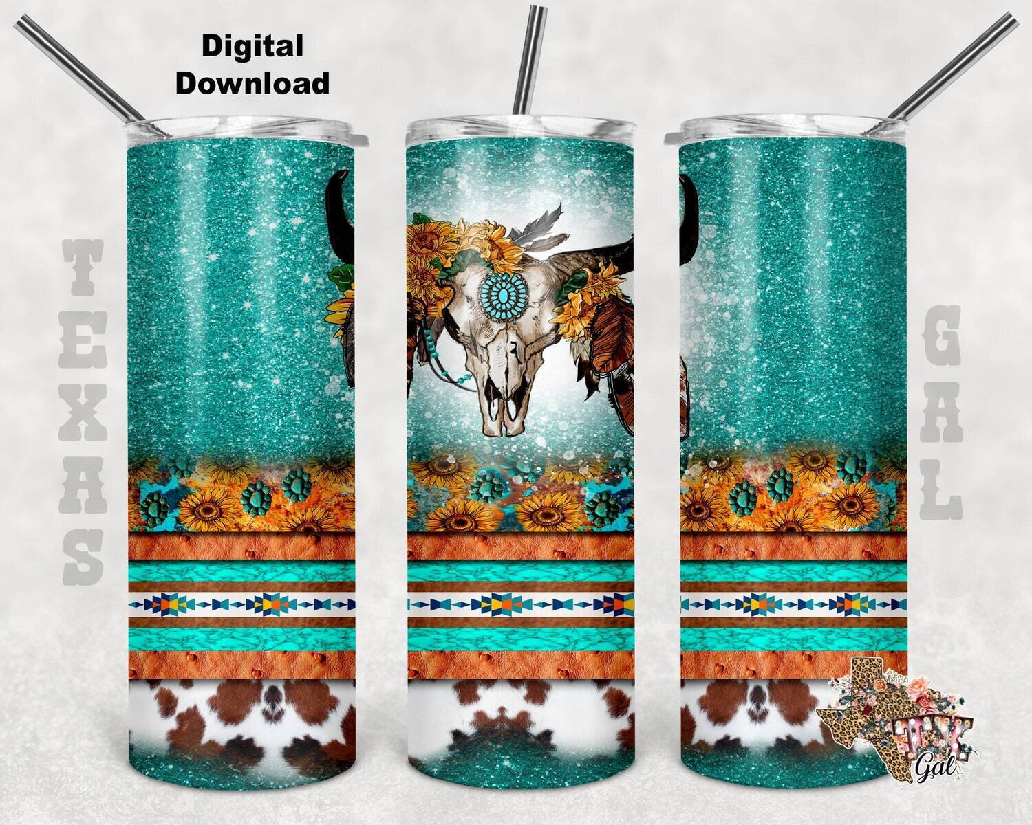 20 oz Skinny Tumbler Boho Cow Skill Sunflowers Glitter Seamless Sublimation Design PNG Instant DIGITAL ONLY