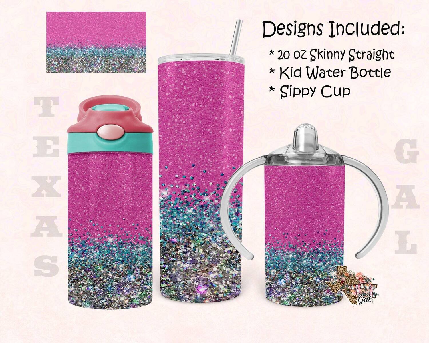 Pink Teal Glitter Bundle 20oz Skinny Tumbler Design 12 oz Water Bottle Sippy Cup Tumbler Sublimation Digital Download PNG