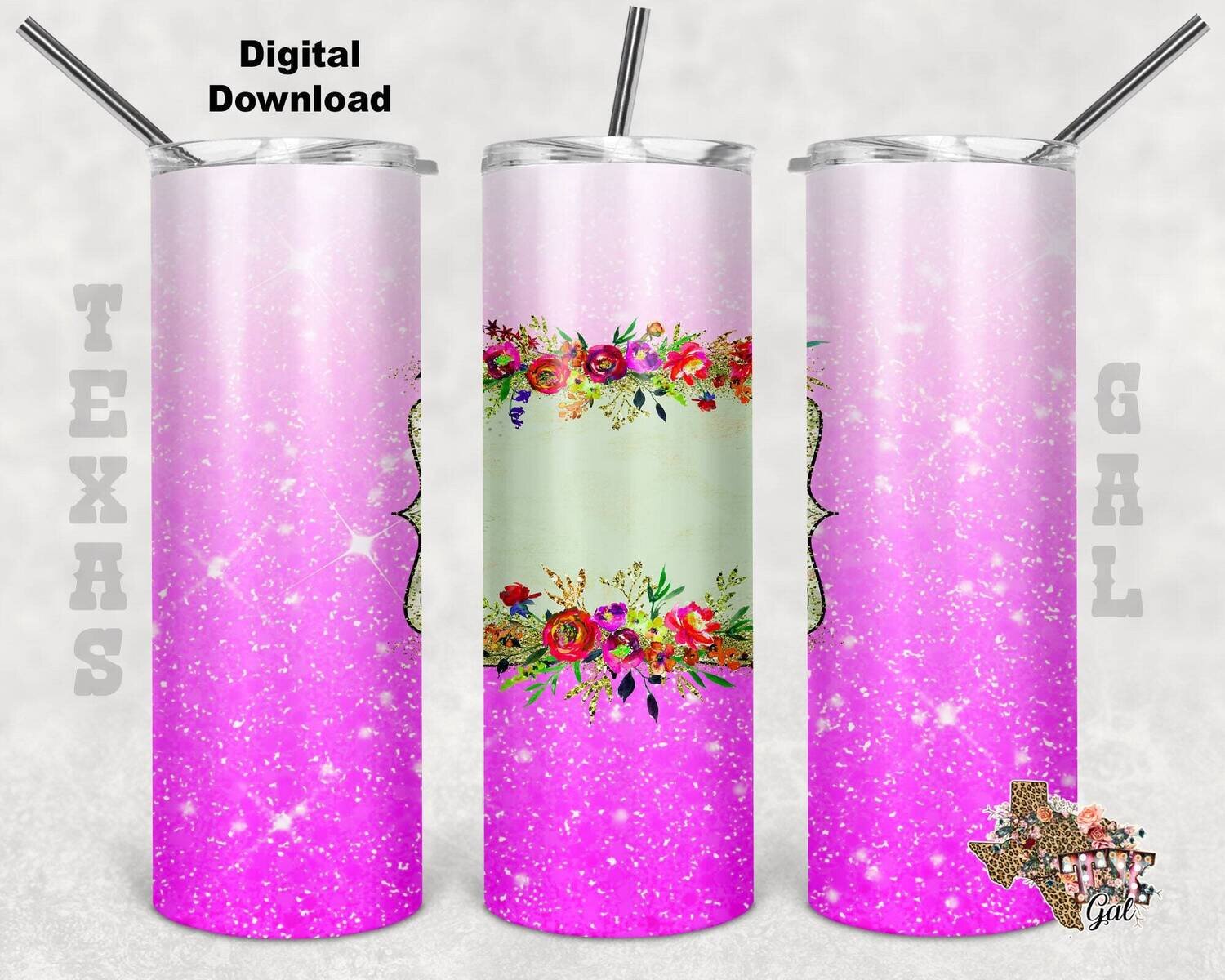 20 oz Skinny Tumbler Pink Glitter Frame Floral Seamless Sublimation Design PNG Instant DIGITAL ONLY