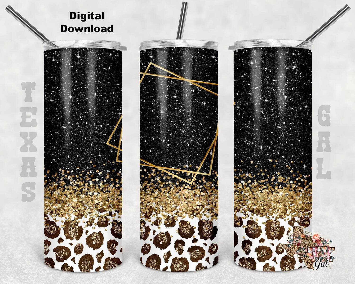 20 oz Skinny Tumbler Leopard Black Gold Glitter Frame Seamless Sublimation Design PNG Instant DIGITAL ONLY