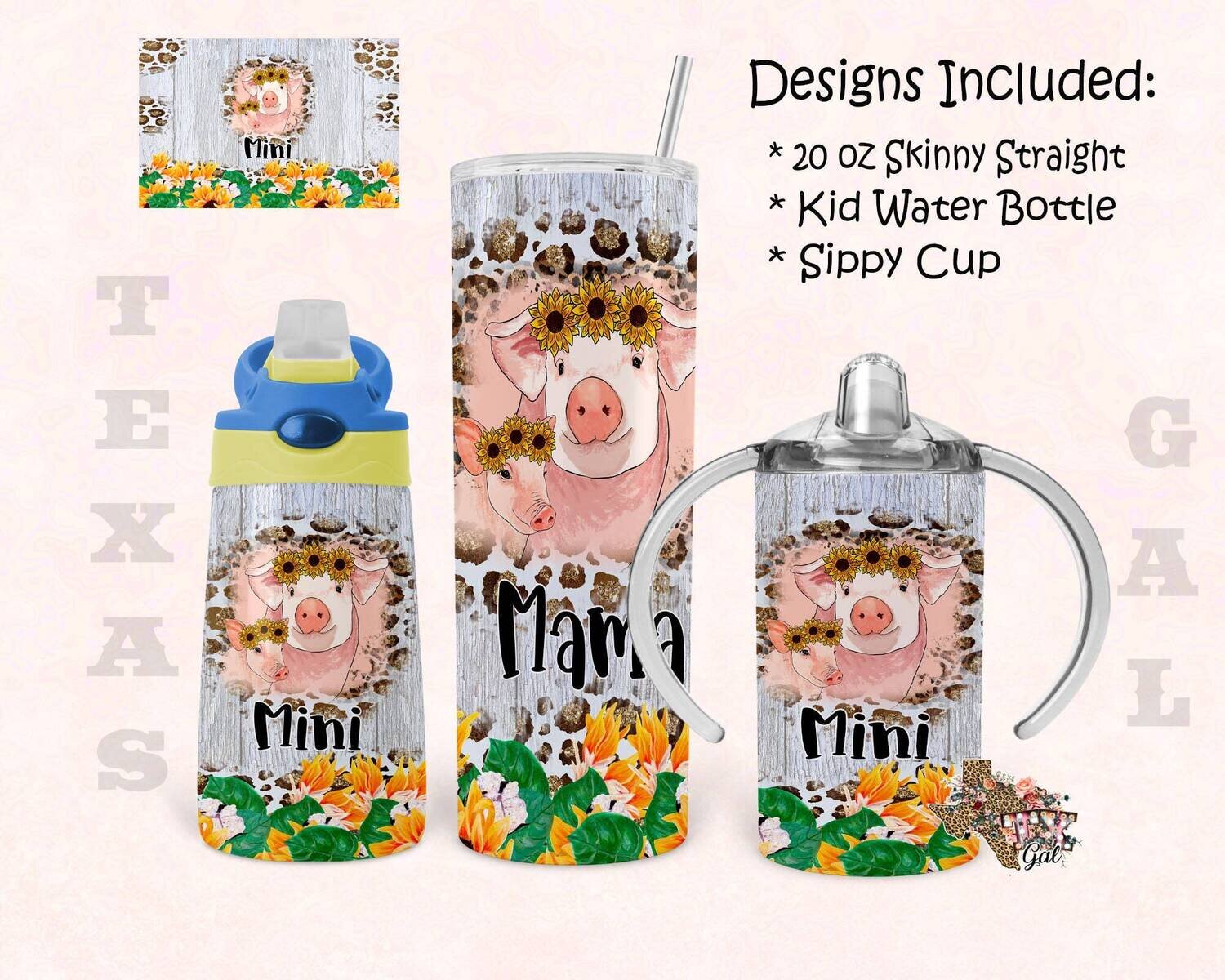 Pig, Mama and Mini, bundle, 20 oz skinny tumbler design, 12 oz kid water bottle, sippy cup, tumbler, sublimation, digital download, PNG