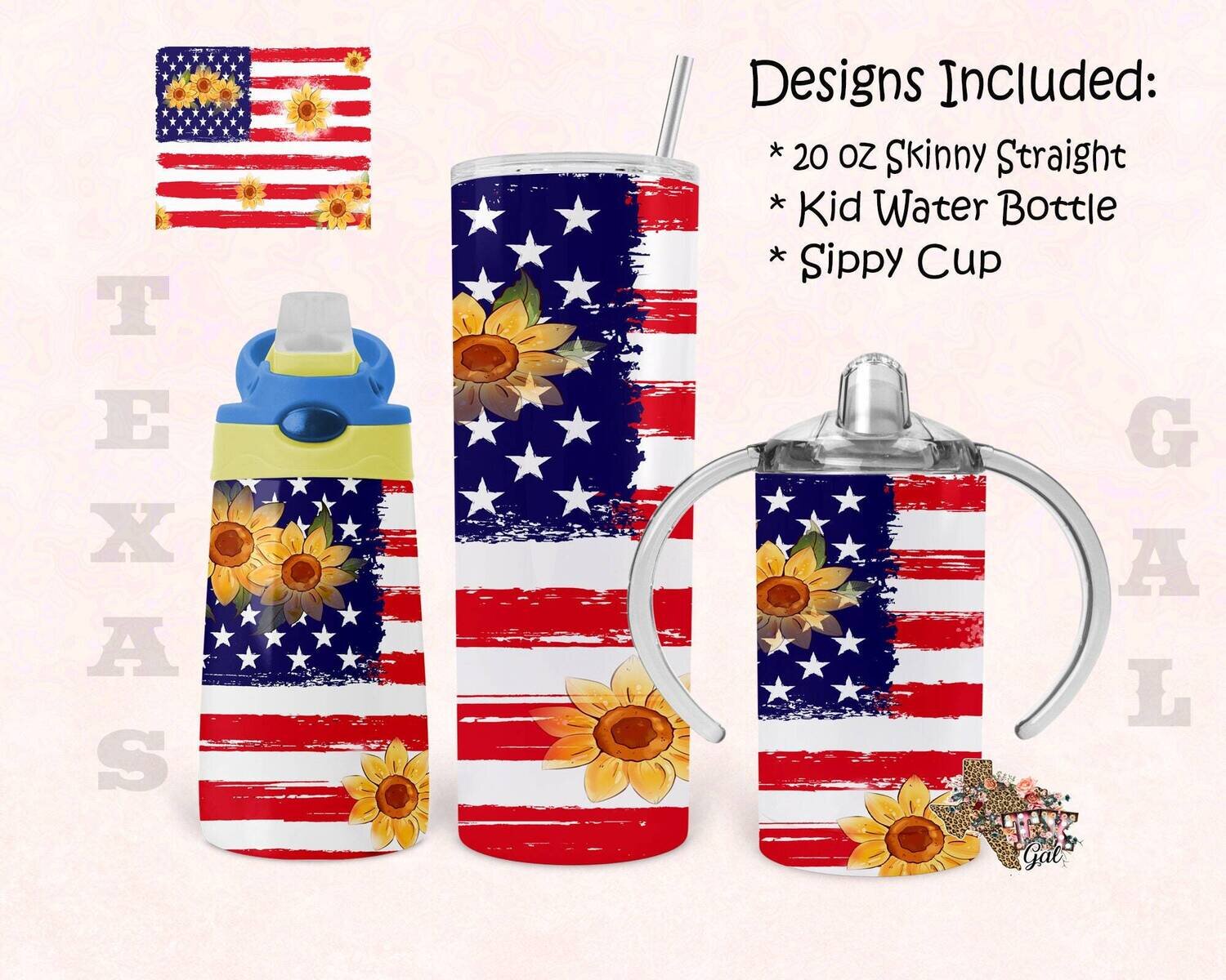 Flag Sunflower, bundle, 20 oz skinny tumbler design, 12 oz kid water bottle, sippy cup, tumbler, sublimation, digital download, PNG