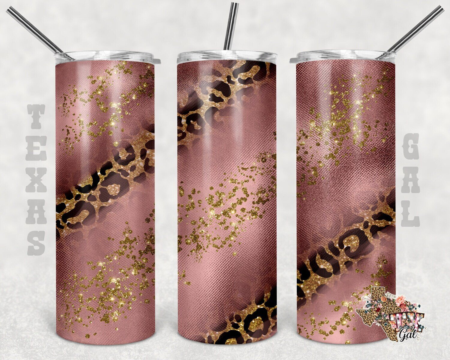 20 oz Skinny Tumbler Rose Gold Leopard Glitter  Free Editable Thank You And Car Card Sublimation Design PNG Instant DIGITAL ONLY