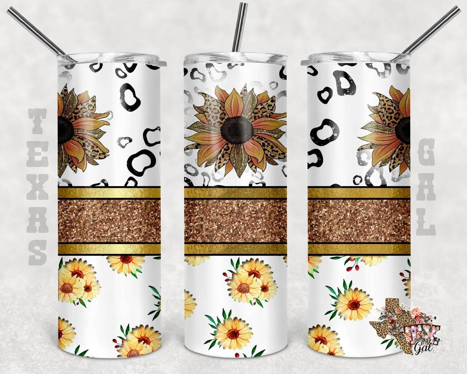 20 oz Skinny Tumbler Sunflower Leopard Glitter Sublimation Design PNG Instant DIGITAL ONLY