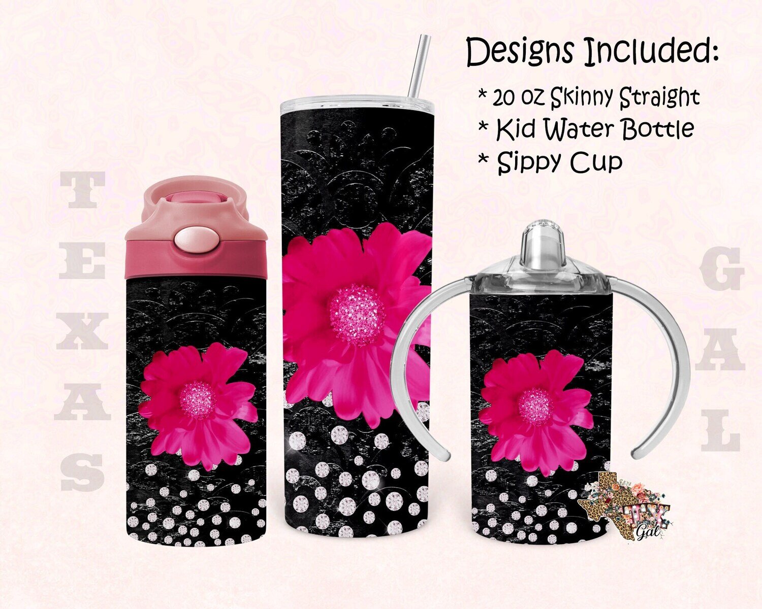 Floral Pink Black Mama and Mini Bundle 20oz Skinny Tumbler Design 12 oz Water Bottle Sippy Cup Tumbler Sublimation Digital Download PNG