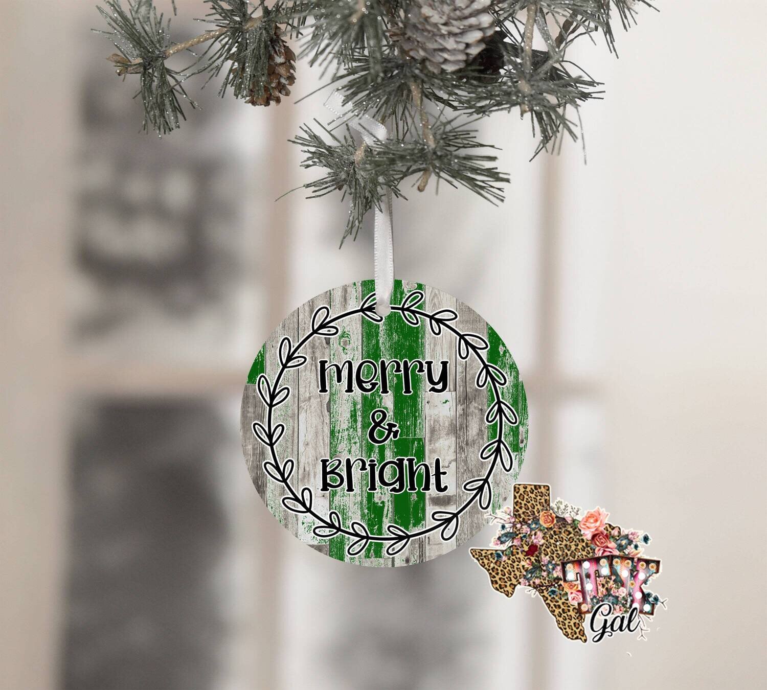 Christmas Round Ornament Merry And Bright Wood Background Sublimation Design PNG Instant DIGITAL ONLY