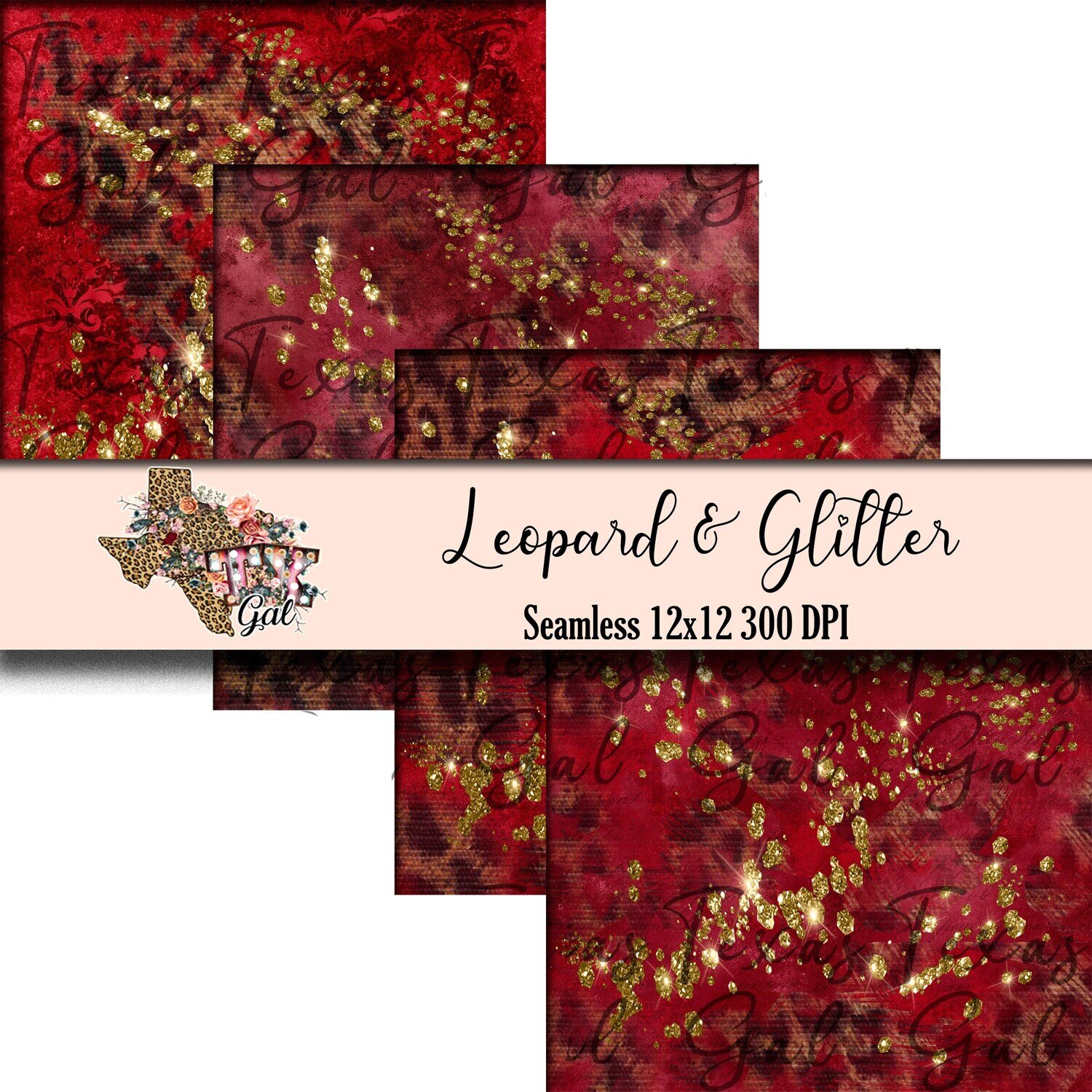 Leopard Red Gold Glitter Seamless Digital Paper Background Scrapbook Paper Download Download Instant Download PNG Sublimation