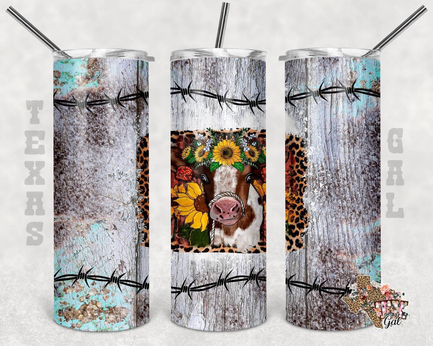 20 oz Skinny Tumbler Cow Sunflower Wood Texture Sublimation Design PNG Instant DIGITAL ONLY
