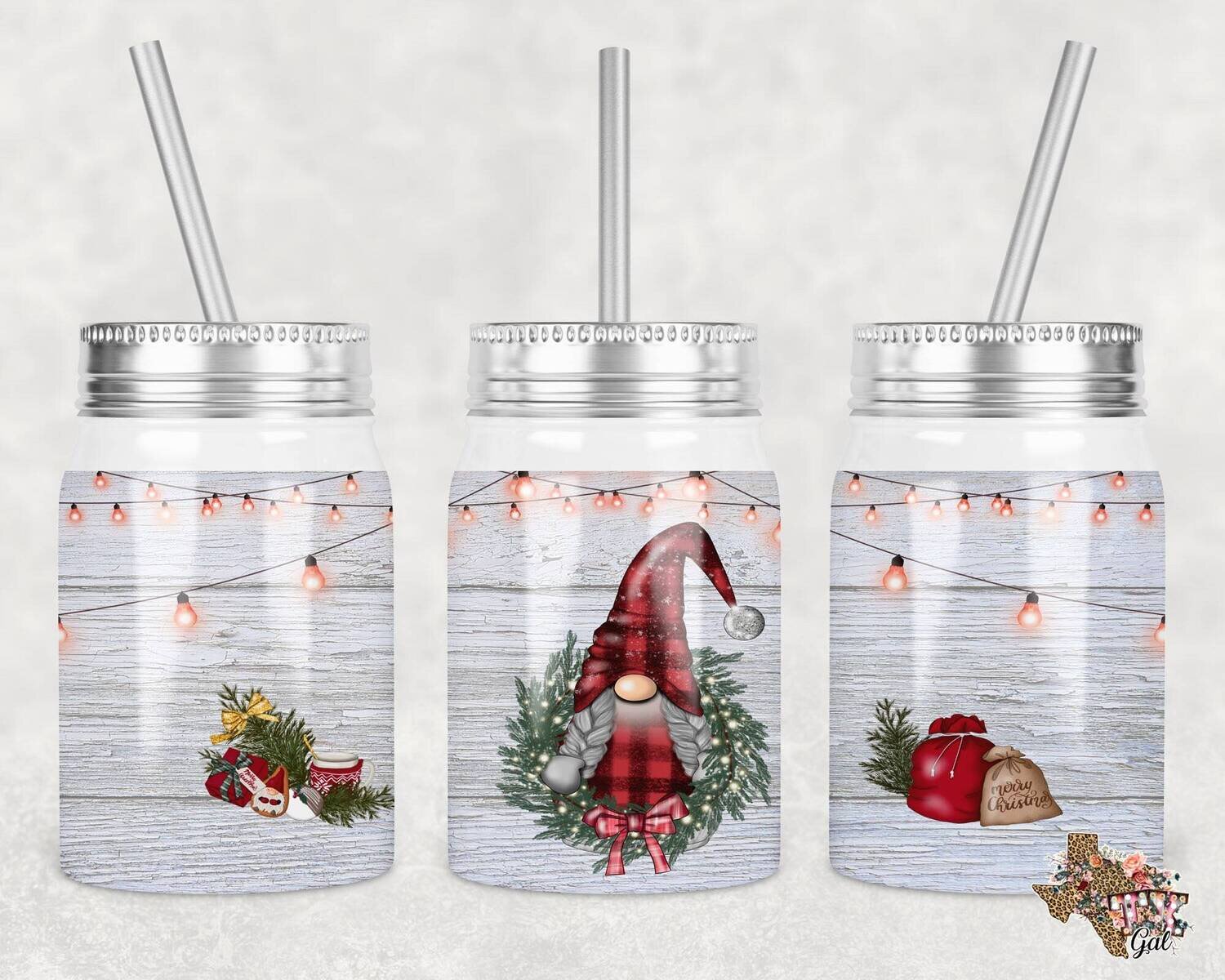 Mason Jar Straight Tumbler Gnome Christmas Sublimation Design PNG Instant DIGITAL ONLY