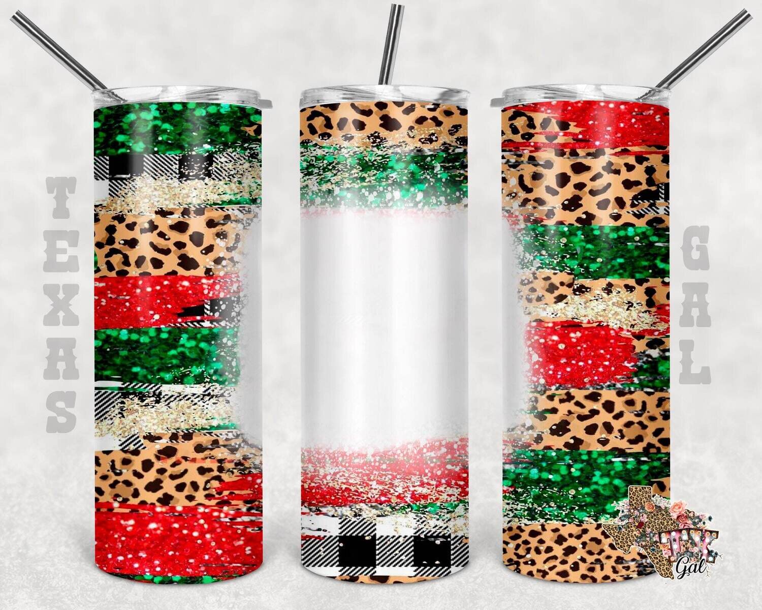 20 oz Skinny Tumbler Christmas Glitter Leopard Brush Strokes Sublimation Design PNG Instant DIGITAL ONLY